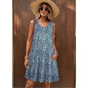 Womens Summer Dresses Casual V Neck W/Pockets, Beach Sundress, Size Large